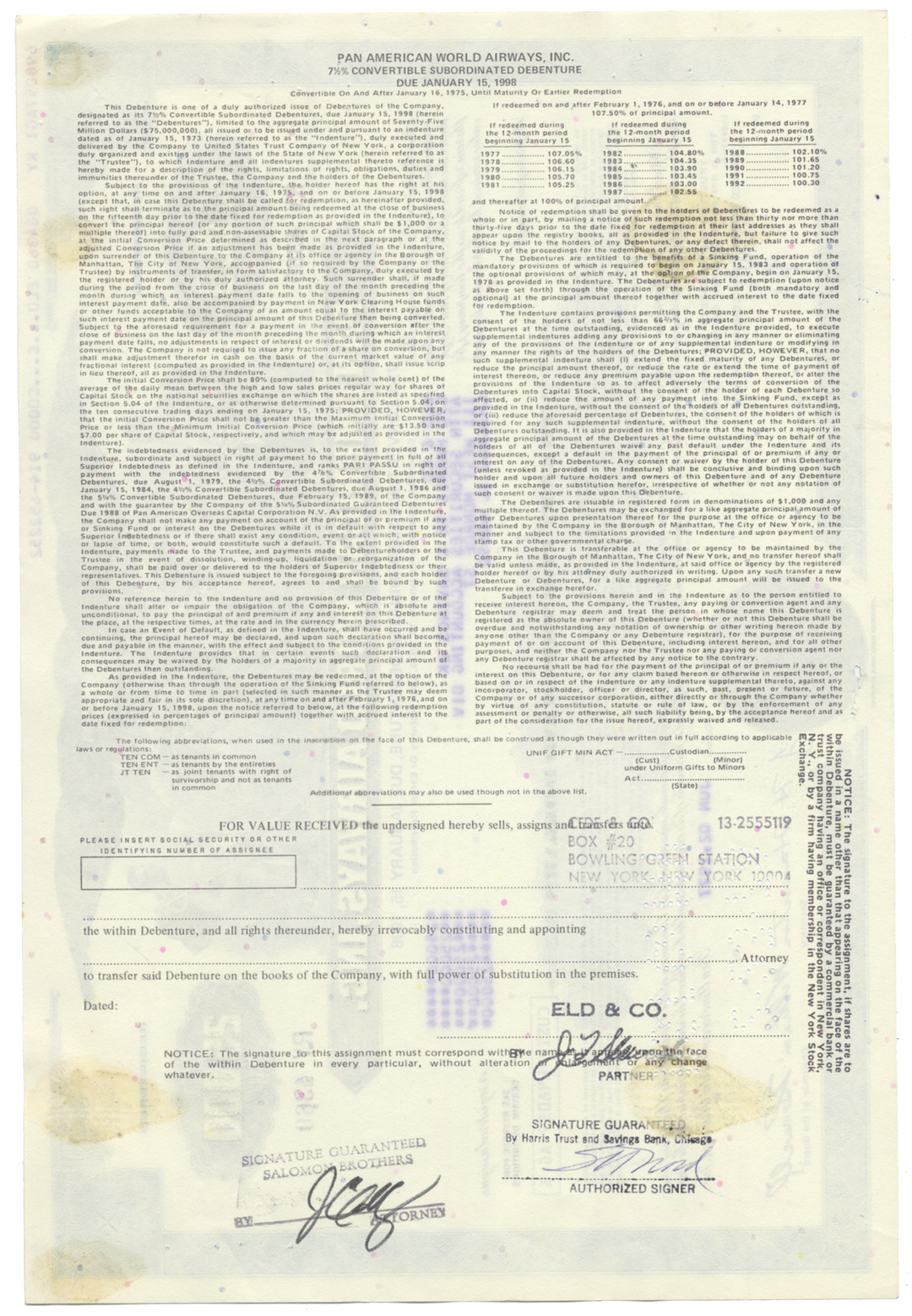 Pan American World Airways, Inc. Bond Certificate