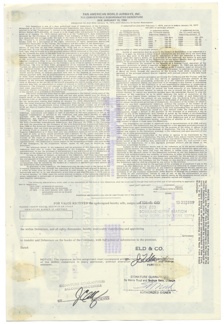 Pan American World Airways, Inc. Bond Certificate