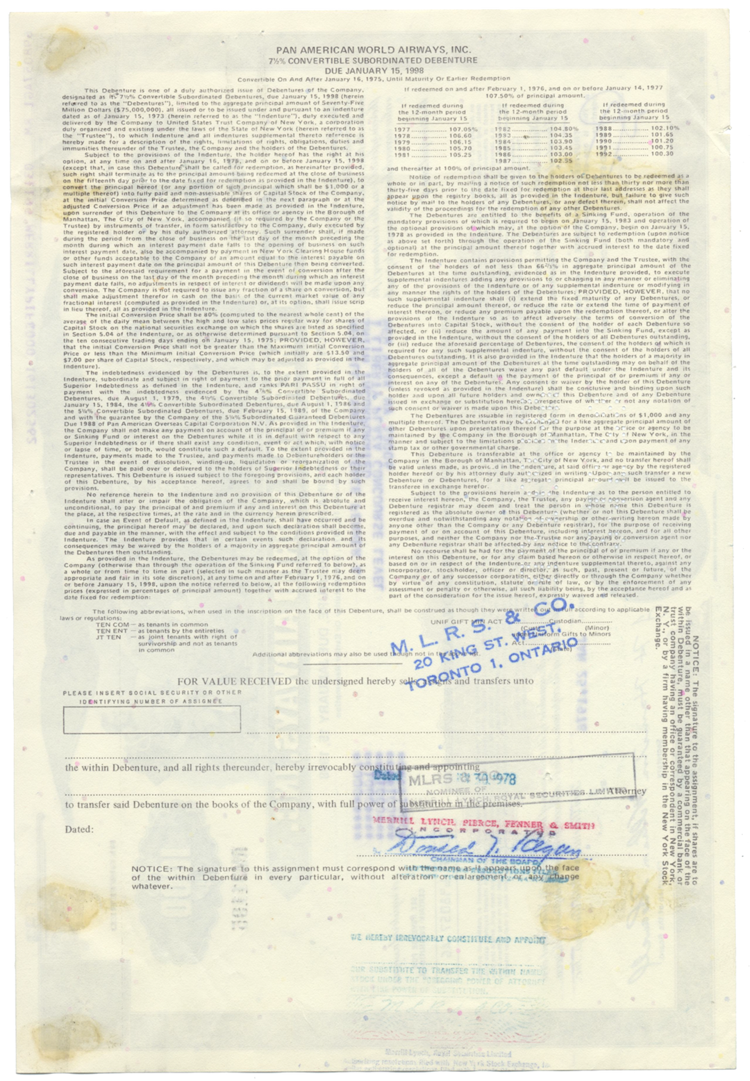 Pan American World Airways, Inc. Bond Certificate