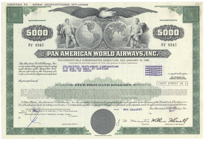 Pan American World Airways, Inc. Bond Certificate