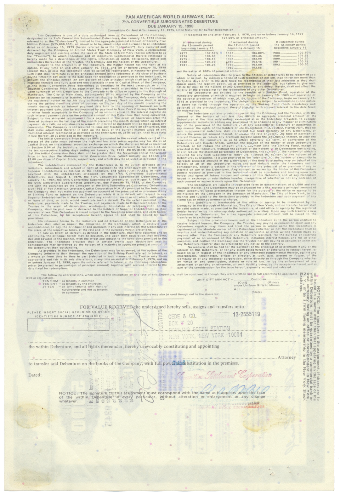 Pan American World Airways, Inc. Bond Certificate