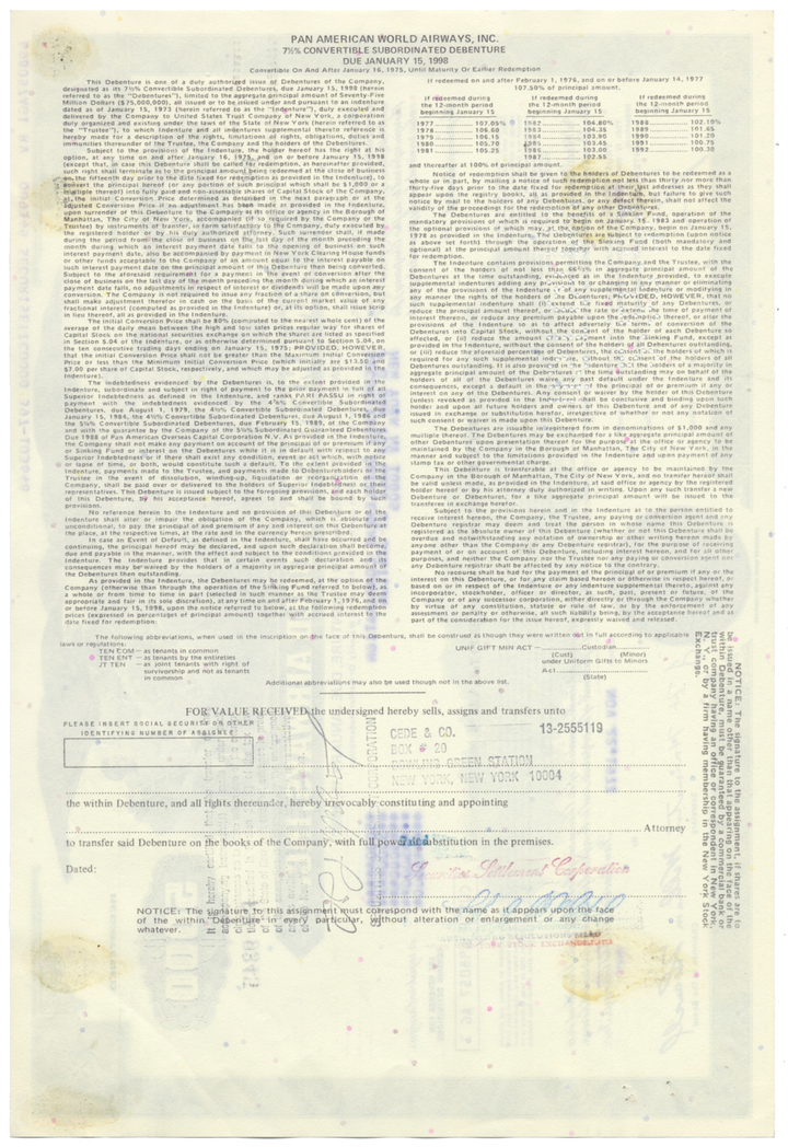 Pan American World Airways, Inc. Bond Certificate