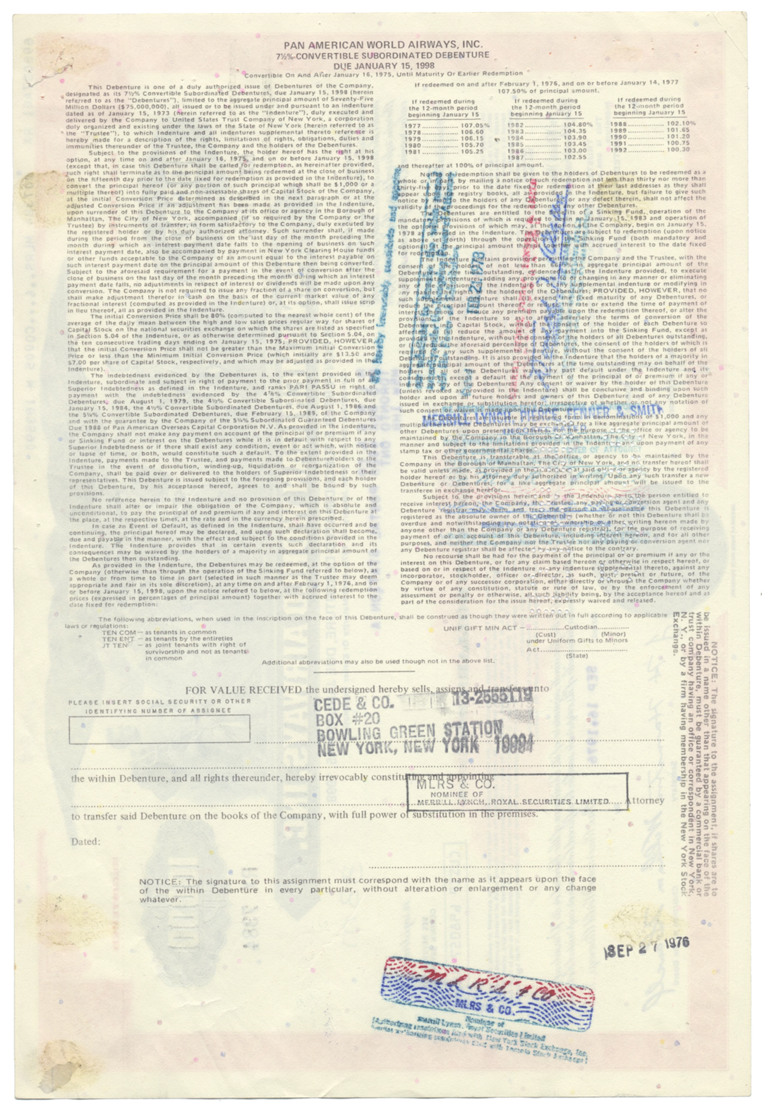 Pan American World Airways, Inc. Bond Certificate