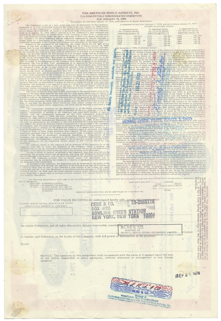 Pan American World Airways, Inc. Bond Certificate