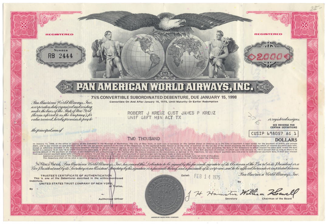 Pan American World Airways, Inc. Bond Certificate