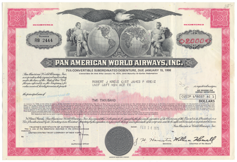 Pan American World Airways, Inc. Bond Certificate