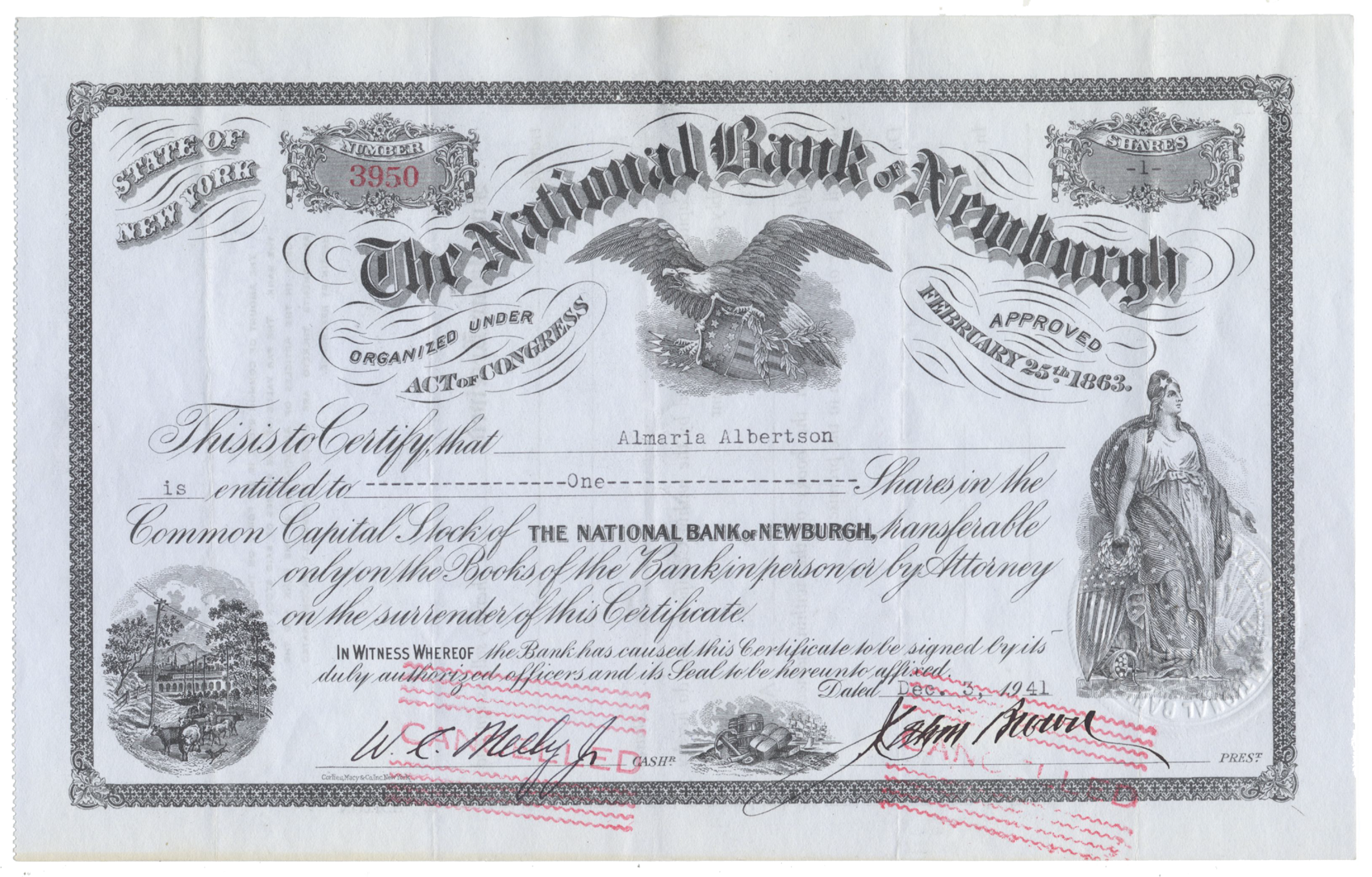 National Bank of Newburgh Stock Certificate