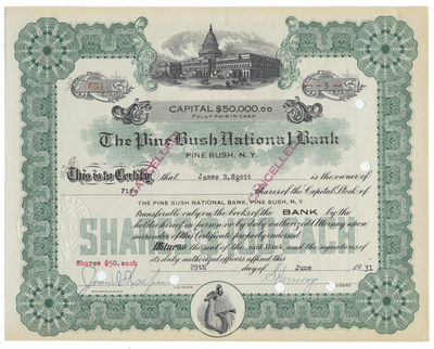 Pine Bush National Bank Stock Certificate
