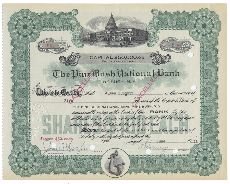 Pine Bush National Bank Stock Certificate