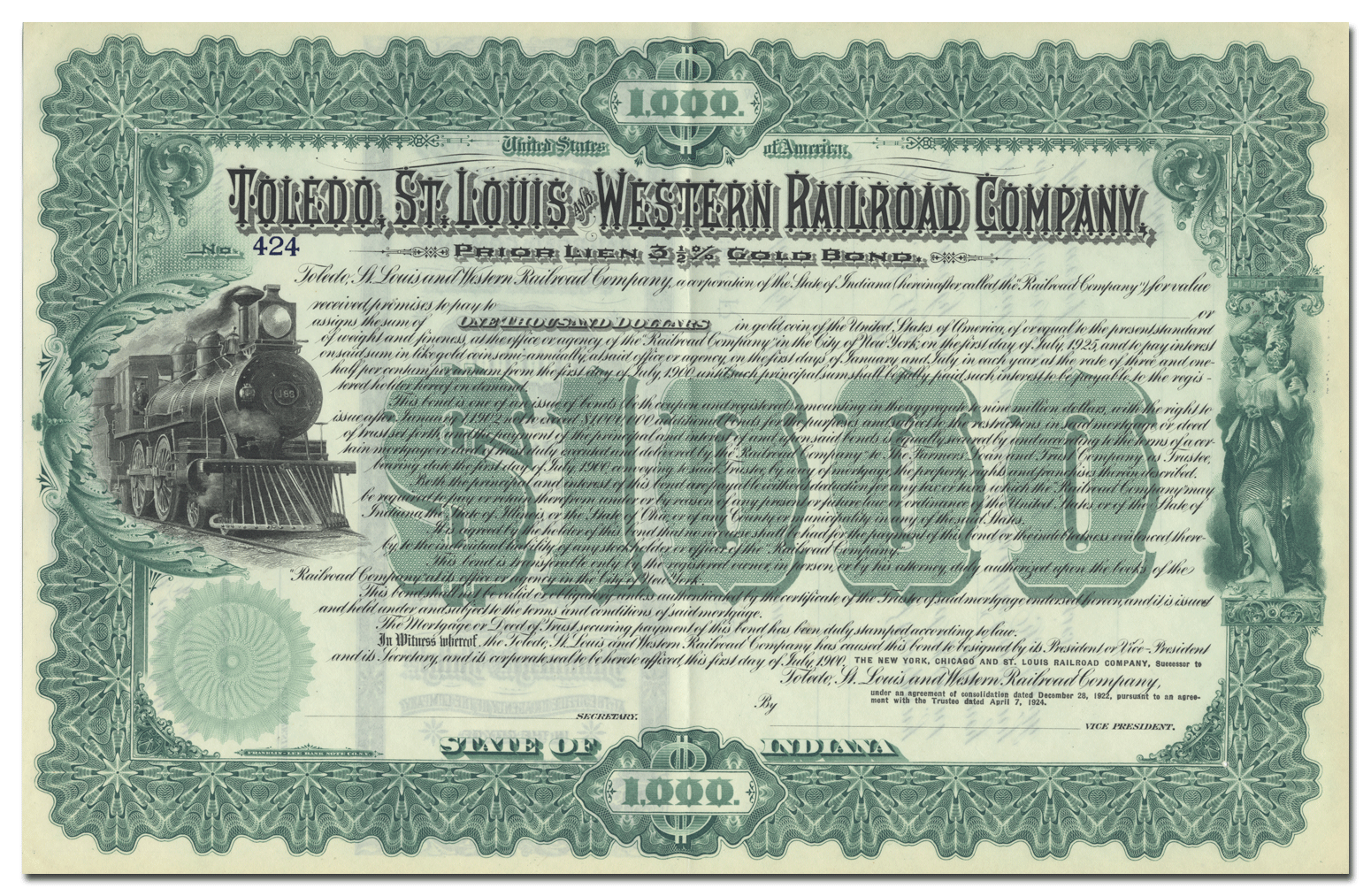 Toledo, St. Louis and Western Railroad Company Bond Certificate