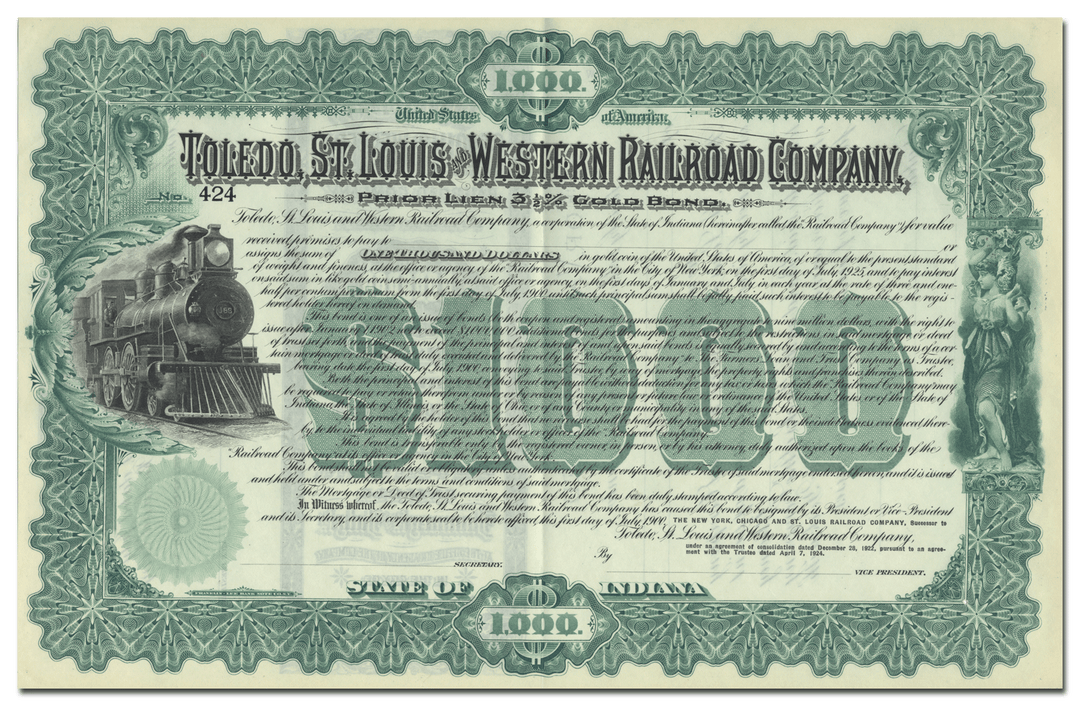 Toledo, St. Louis and Western Railroad Company Bond Certificate