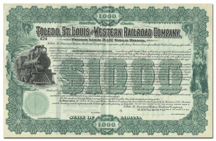 Toledo, St. Louis and Western Railroad Company Bond Certificate