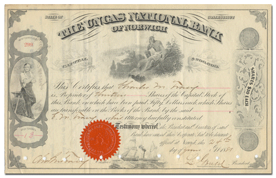 Uncas National Bank of Norwich Stock Certificate