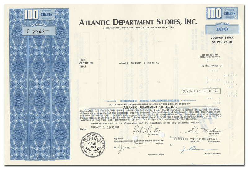 Atlantic Department Stores, Inc. Stock Certificate