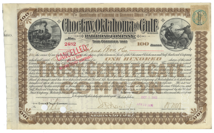 Choctaw, Oklahoma and Gulf Railroad Company Stock Certificate