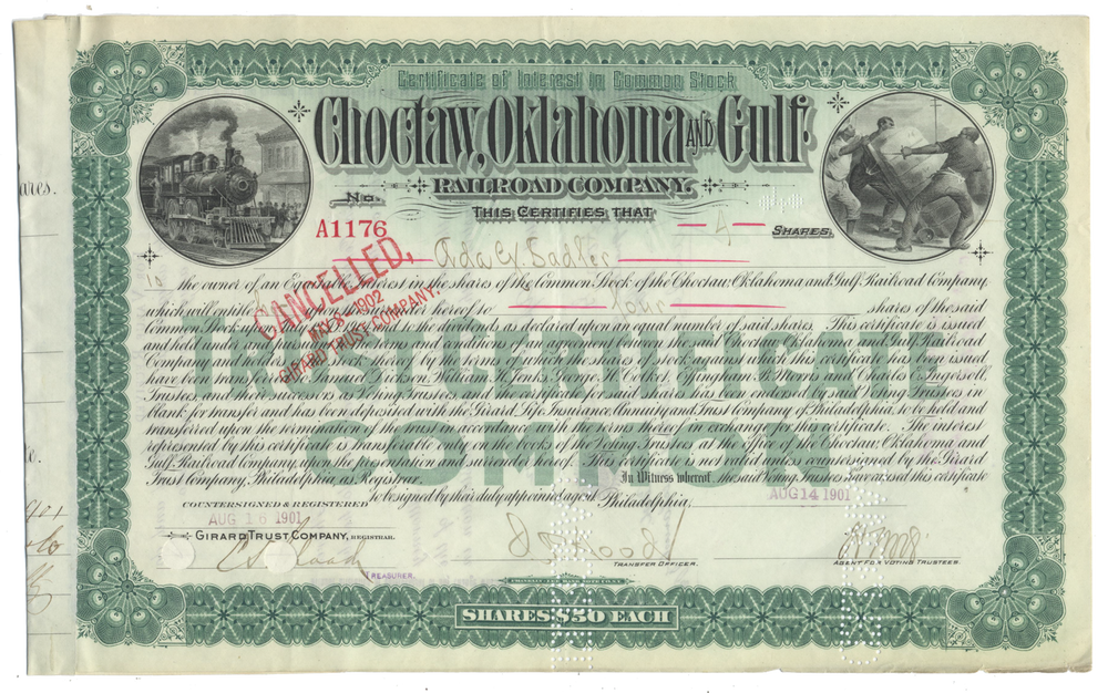 Choctaw, Oklahoma and Gulf Railroad Company Stock Certificate