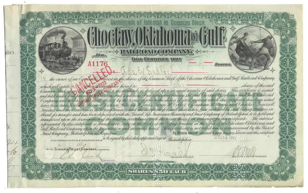 Choctaw, Oklahoma and Gulf Railroad Company Stock Certificate