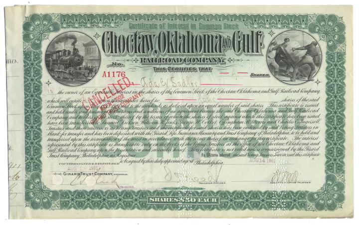 Choctaw, Oklahoma and Gulf Railroad Company Stock Certificate