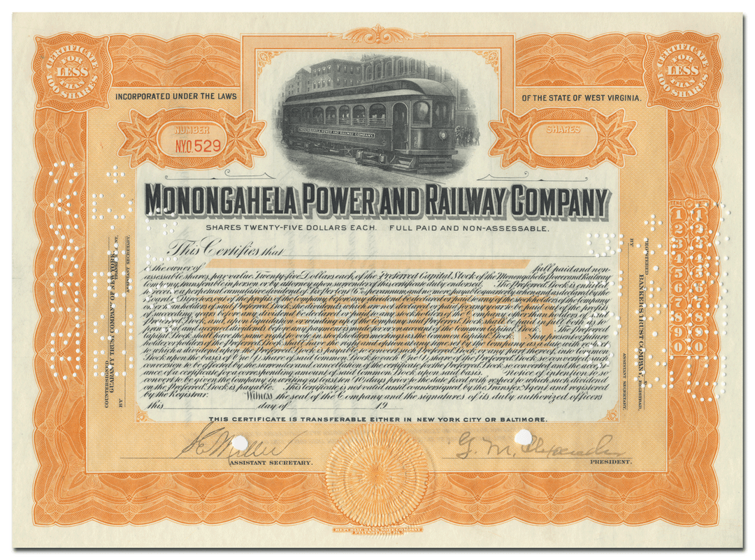 Monongahela Power and Railway Company Stock Certificate