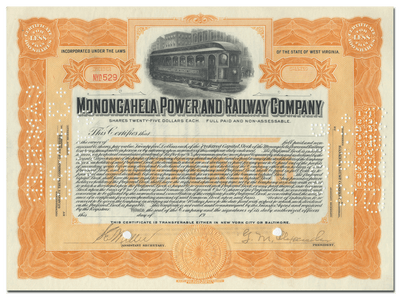 Monongahela Power and Railway Company Stock Certificate