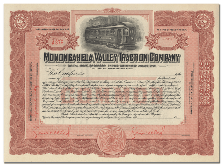 Monongahela Valley Traction Company Stock Certificate