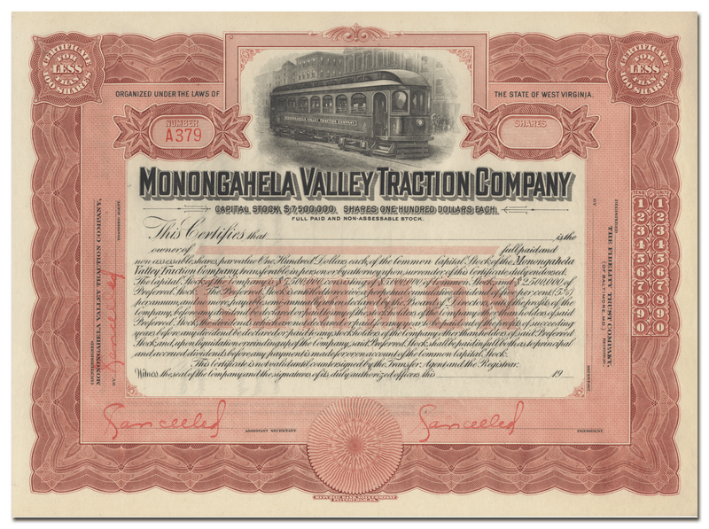 Monongahela Valley Traction Company Stock Certificate