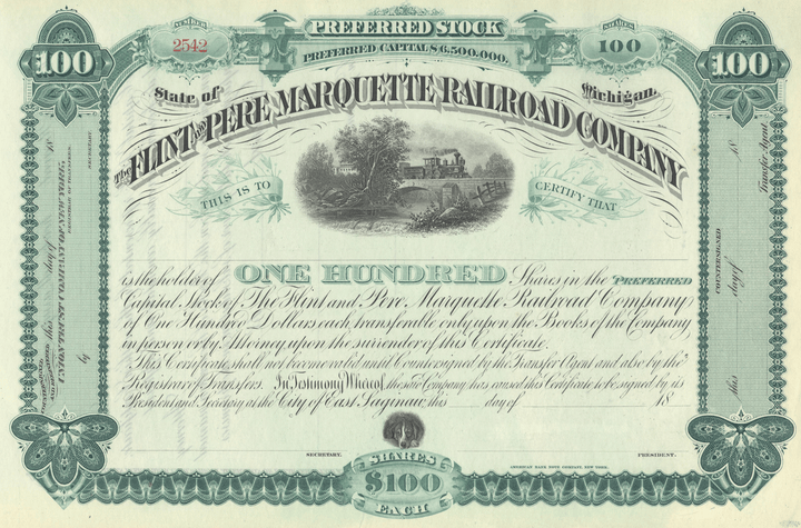 Flint and Pere Marquette Railroad Company Stock Certificate