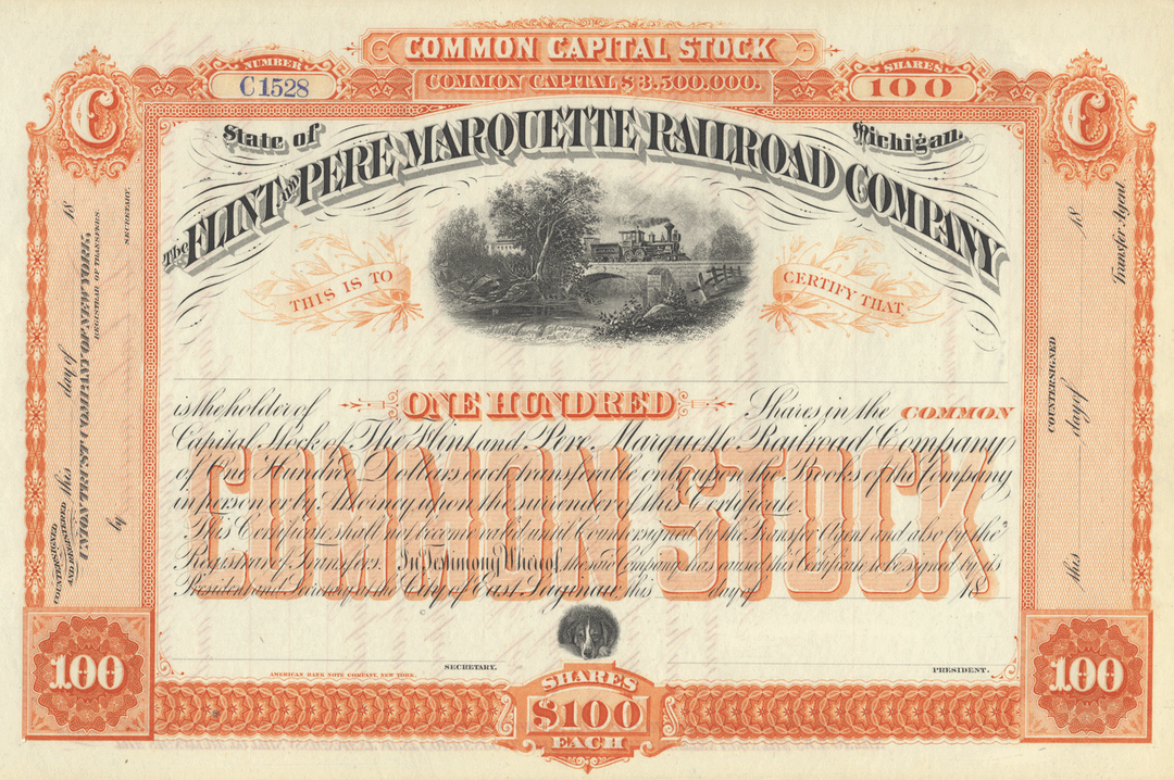 Flint and Pere Marquette Railroad Company Stock Certificate