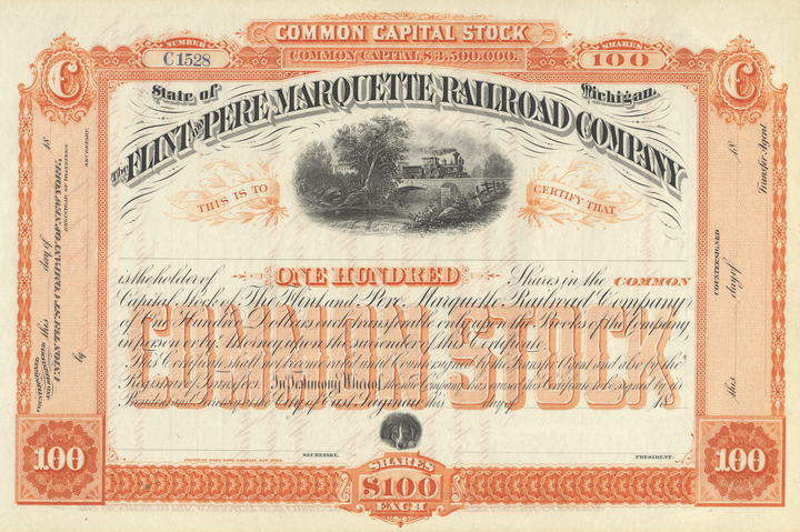 Flint and Pere Marquette Railroad Company Stock Certificate