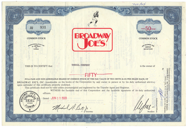 Broadway Joe's, Inc. Stock Certificate