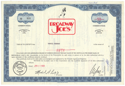 Broadway Joe's, Inc. Stock Certificate