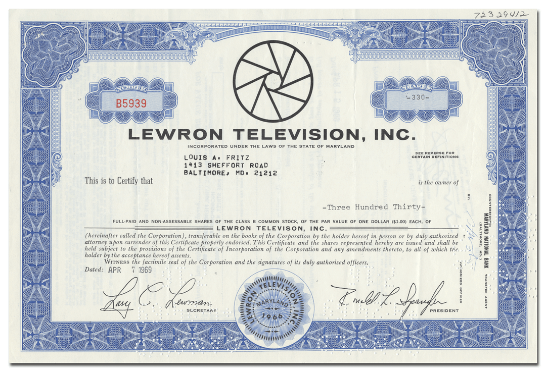 Lewron Television, Inc. Stock Certificate