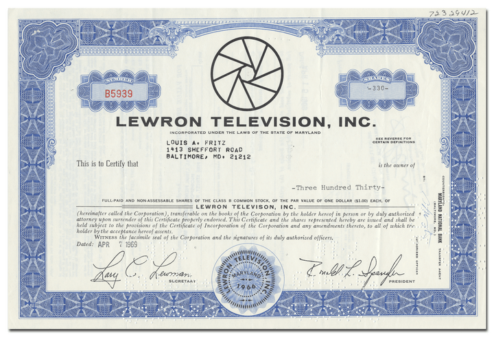 Lewron Television, Inc. Stock Certificate