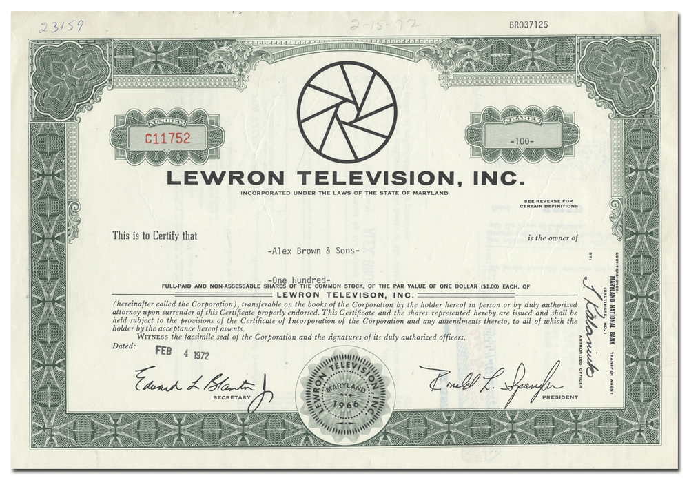 Lewron Television, Inc. Stock Certificate