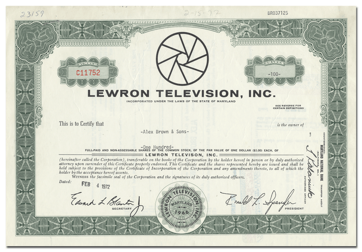 Lewron Television, Inc. Stock Certificate