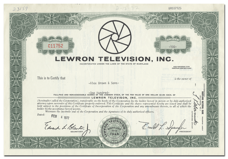 Lewron Television, Inc. Stock Certificate