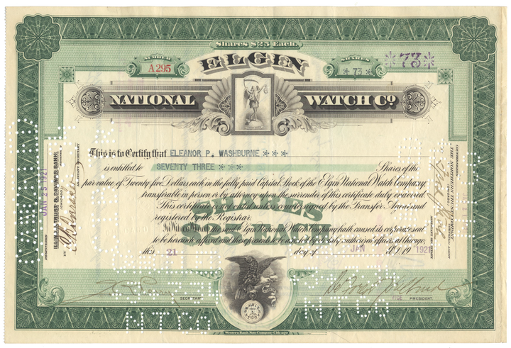 Elgin National Watch Company Stock Certificate