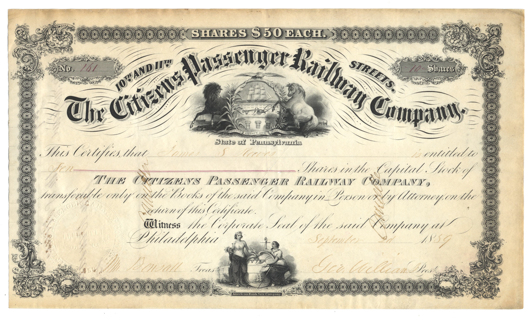 Citizens Passenger Railway Company Stock Certificate