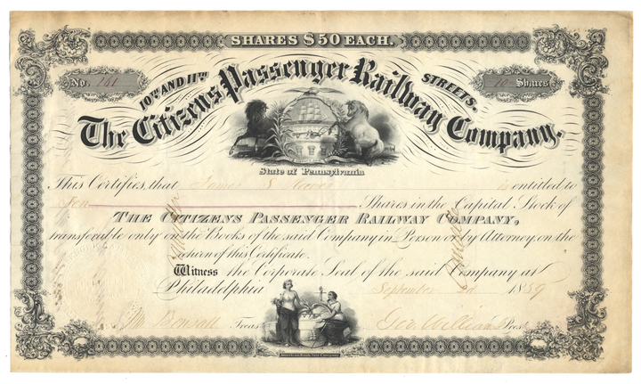 Citizens Passenger Railway Company Stock Certificate