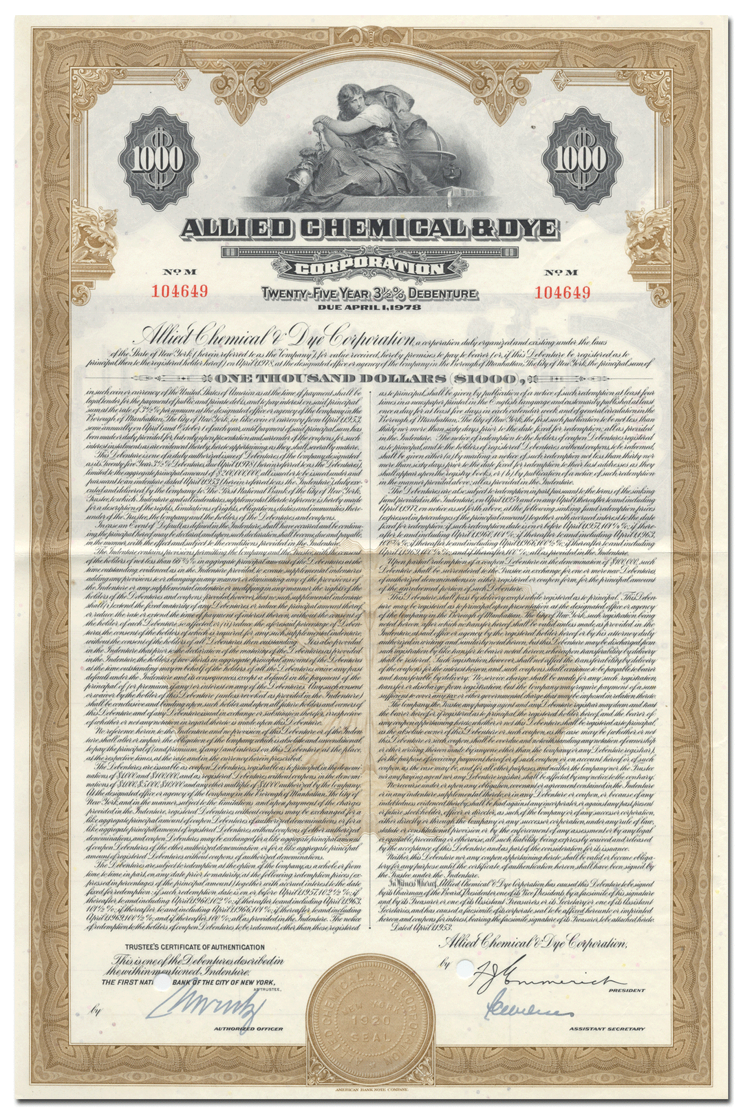 Allied Chemical & Dye Corporation Bond Certificate