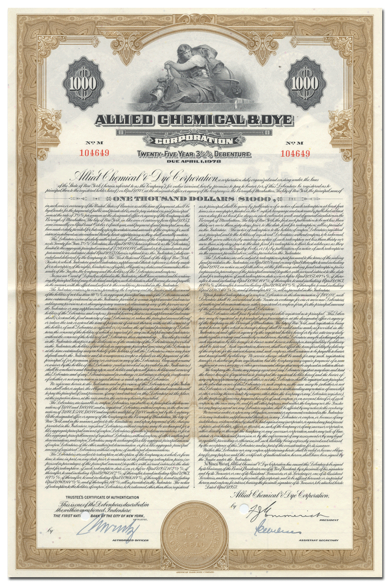 Allied Chemical & Dye Corporation Bond Certificate