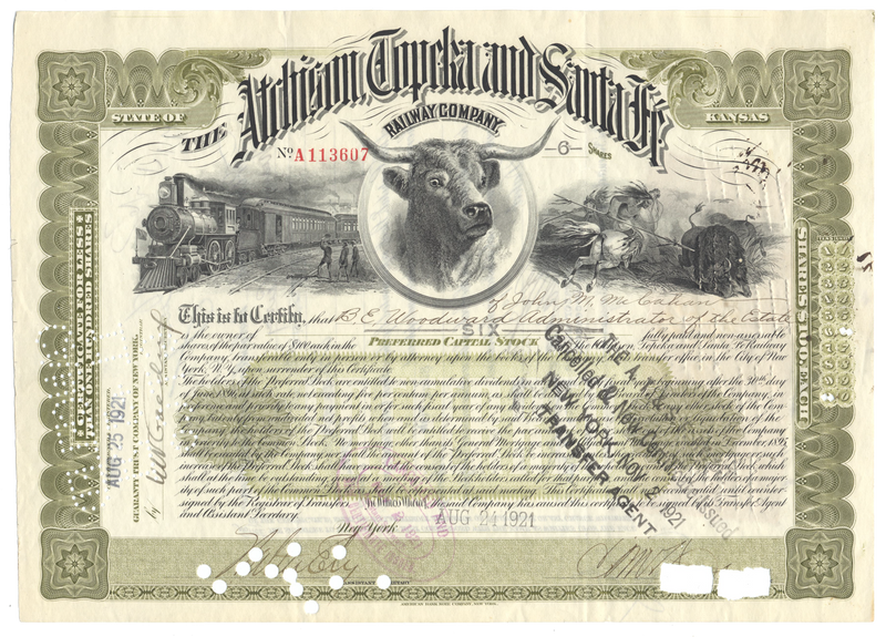 Atchison, Topeka and Santa Fe Railway Stock Certificate