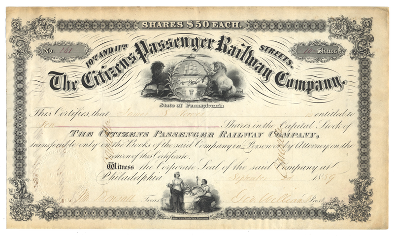 Citizens Passenger Railway Company Stock Certificate
