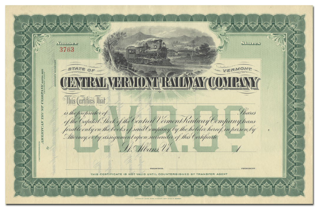 Central Vermont Railroad Company Stock Certificate