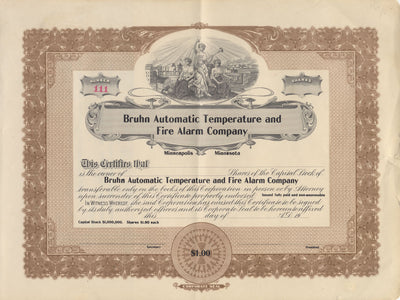 Bruhn Automatic Temperature and Fire Alarm Company Stock Certificate