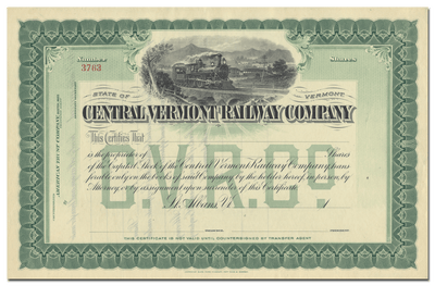 Central Vermont Railroad Company Stock Certificate
