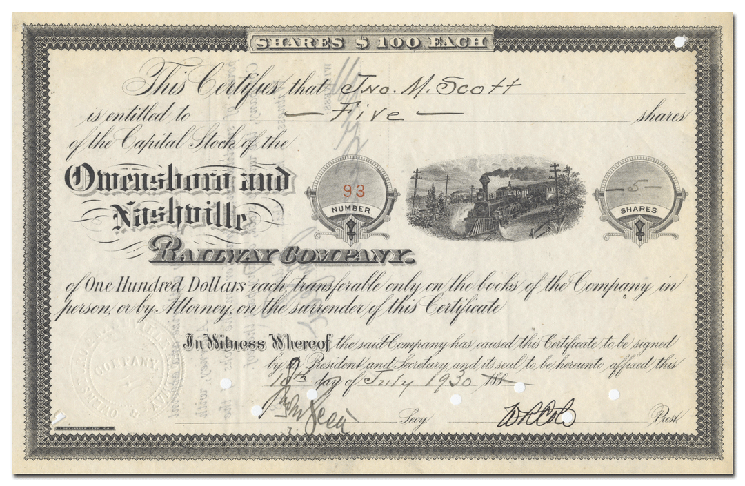 Owensboro and Nashville Railway Company Stock Certificate