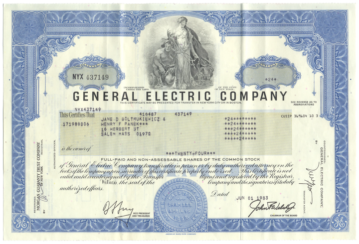 General Electric Company Stock Certificate