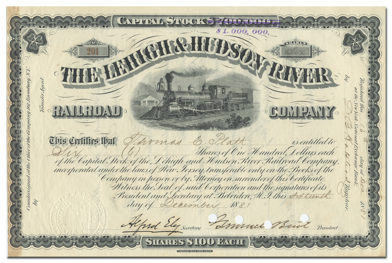 Lehigh & Hudson River Railroad Company Stock Certificate Signed by Thomas C. Platt