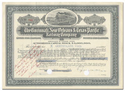 Cincinnati, New Orleans & Texas Pacific Railway Company Stock Certificate